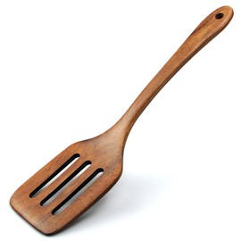 AYFDISHS 12-Inch Wooden Slotted Spatula - Natural Acacia Flat Wood Spatula for Cooking, Long Handle Turner for Nonstick Pans, Handmade Wooden Kitchen Utensils for Woks & Cookware