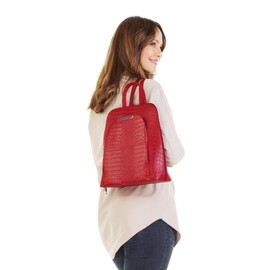 Cluty Women's Genuine Leather Backpack, Made in Italy, Smartphone Compartment, Cowhide Leather Daypack, City Bag in Crocodile Look, Leather Backpack with Zip, 021373, red, Unit size