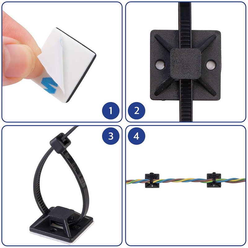 AGT Kabelbinder Klebesockel: 800er-Set UV-beständige Kabelbinder mit Sockel, schwarz (mit