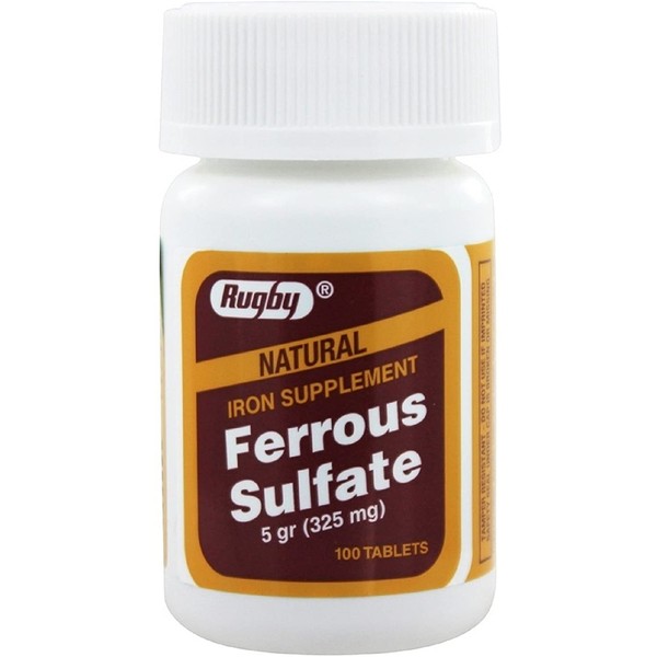 Rugby Ferrous Sulfate FC 325mg (5GR) Generic for Feosol Red Tablets 100 Tablets 1pk