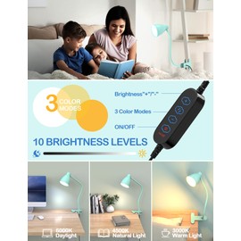 BOHON Desk Lamp with Clamp, 10W 38 LED Clip on Light, 3 Color 10 Brightness Auto Off Timer, Flexible Gooseneck Clip Lamp, Desk Lights for Office Home Bed Bedside Reading, Adapter Include, Teal