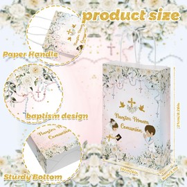 MEHOFOND 24 Pcs Nuestra Primera Comunión Gift Bags, First Holy Communion Paper Gift Bags with Handles, Pink and Blue Floral Beads Bags for Kids, Twins Baptism Party Supplies