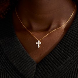 STORYJEWELLERY Small Cross Necklace for Women, 18K Gold Plated Cubic Zirconia Charm Necklace, Dainty Gold Tiny Cross Pendant Necklaces Non Tarnish, Christian Jewelry, Religious Gifts for Women
