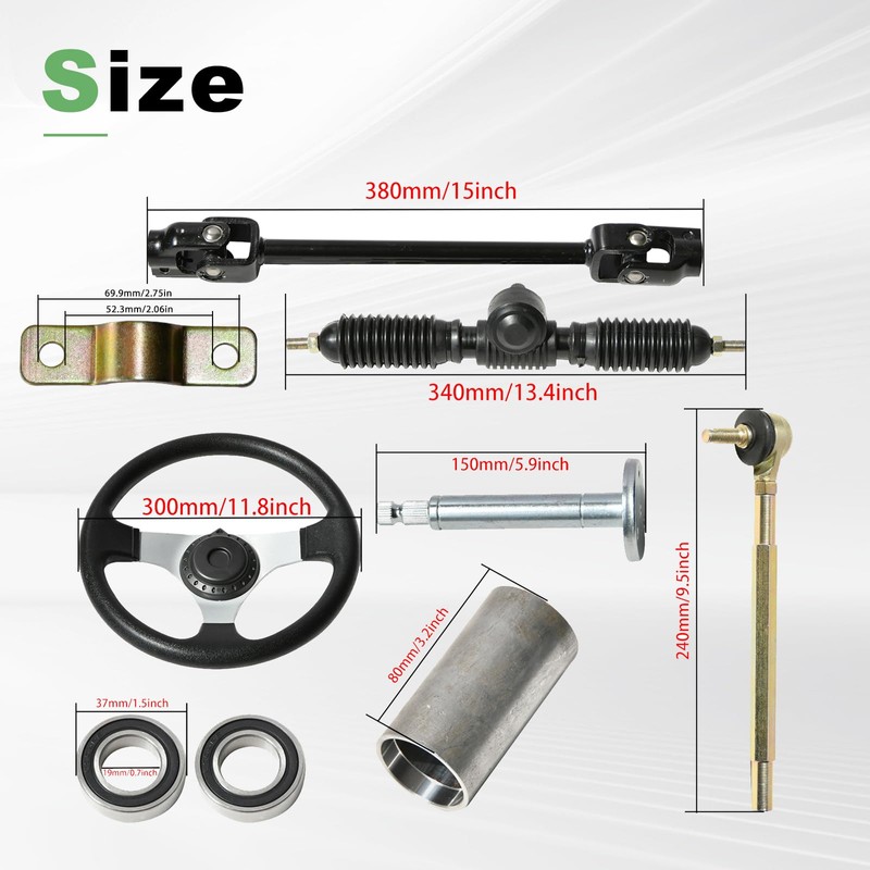 JNDO Go Kart Steering kit 380mm Steering Shaft+340mm Rack and