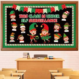 Huzobooby Christmas Elf Bulletin Board Set Winter Holiday Xmas Elf Classroom Decoration Christmas Elf Name Tags Cutouts Home Window Wall Party Decor for Teacher(This Class Is Under Elf Surveillance)