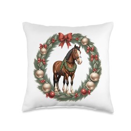 Clydesdale Christmas Horses & A X-Mas Wreath Throw Pillow