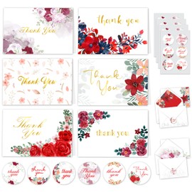 Decorably Thank You Cards with Envelopes & Stickers, Floral-Themed Cards - 24 Pack Gold-Foiled Red Floral Thank You Cards, Blank Inside Thank You Cards, 6x4in Red Thank You Cards