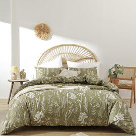 JANZAA Queen Comforter Set - Floral Comforters Queen Size, Bedding Comforter Sets, 3 Pieces, 1 Comforter (90"x90") & 2 Pillow Cases (20"x26"), Olive Green