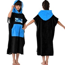 VOOVA & MOVAS Surf Poncho Soft Cotton for Kids Teens, Thick Absorbent Poncho Towel Robe, Hooded Wearable Towel for Pool, Beach, Bath,Swim and Gifts, Black, 8-8 Years