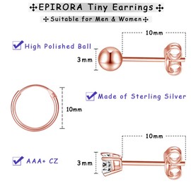 Sterling Silver Stud Earrings Small Cartilage Hoop Earrings for Women Men- 3 Pairs of Rose Gold Plated Hypoallergenic Tiny Earring Set,1 Pair of Hoops, Round Ball Earrings & CZ Earrings(Rose Gold)