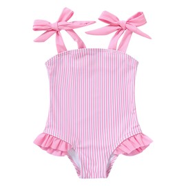 YOUNGER TREE Toddler Swimsuit Girl Color Block Stripe One-Piece Swimwear Baby Girl Bathing Suits （Pink-Stripe, 9-12 Months）