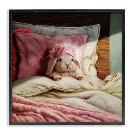 Stupell Industries Bunny Rabbit Resting in Bed Off-White Pink, Designed by Lucia Heffernan Black Framed Wall Art, 12x12