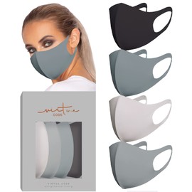 VIRTUE CODE Second Skin Cloth Face Mask Pack. 4 Buttery Soft Masks Washable Fabric - Grey Face Mask Reusable. Stretchy, Comfortable, Fresh Facemask.