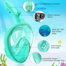 Kids Snorkel Mask Full Face, Snorkeling Gear for Kids 2-14 with Camera Mount, 180 Degree Panoramic View Snorkeling Set Anti-Fog Anti-Leak (Cyan)