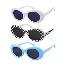 Clout Goggles Oval Bold Retro Mod Kurt Cobain Sunglasses Clout Round Lens (3 Pack White Blue Checkered)