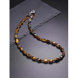 PiercingJak Men's Necklace Tiger's Eye Hematite Rice Beads Chain Men Women Pearl Necklace Crystal Chain Sprial Gemstone Healing Stones Jewellery Amulet Spiritual Gift for Men Women, Gemstone Stainless