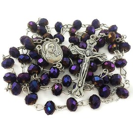 Nazareth Store Purple Crystallized Beads Rosary Handamade Prayer Necklace with Madonna Holy Soil Centerpiece Medal and Silver Jesus Cross Crucifix
