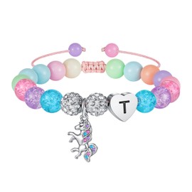Hidepoo Unicorn Bracelet, Acrylic Beads Rhinestone Balls Heart Initial Bracelet, Girls Gifts for Any Occasion