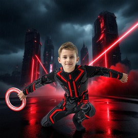 digi Kids Costume for Boys, Hero Cyberspace Jumpsuit with Glow in The Dark Luminous Frisbee for 4-12