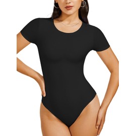 REORIA Black Double Lined Basic Bodysuits Short Sleeve Body Suits Trendy Summer Outfits Tops for Women 2025 X-Large