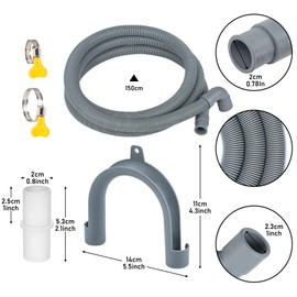 ilauke 1.5m Washing Machine Waste Pipe Extension, Universal Replacement Washing Machine Drain Hose Extension Kit with Connector Clip Clamp, Suitable for Washing Machine, Dishwasher