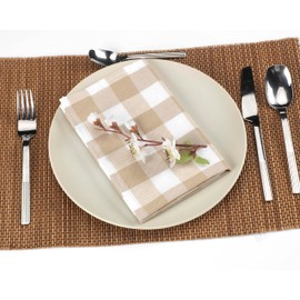 LAN&LAN - Cloth Napkins, Pack of 6 Gingham Check Napkins, 41 x 41 cm, Washable Checked Napkins (Beige, 6 Napkins)