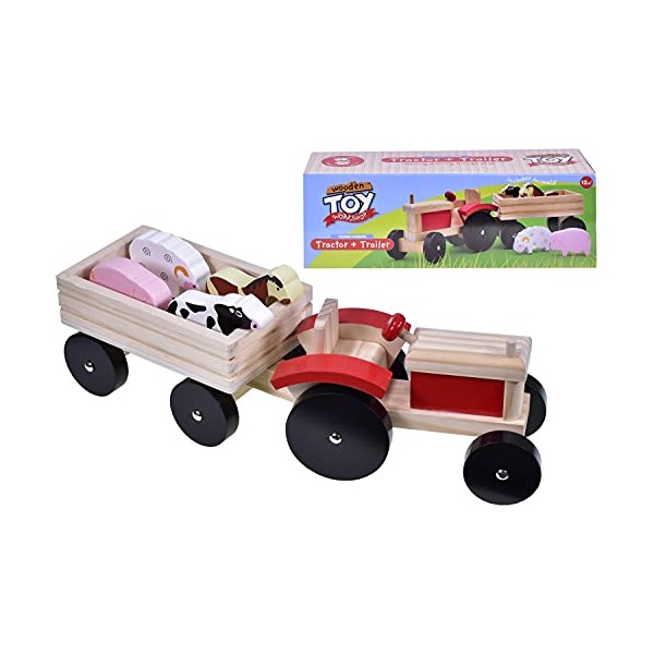KandyToys Wooden Tractor & Trailor Farm Animal Nursery Toy Play Set | Wooden Toys | Kids Toys | 12 Months +