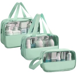 LEcylankEr Cosmetic Bag Transparent Pack of 3, Waterproof PVC Toiletry Bag for Women, Lightweight Makeup Bag for Cosmetics, Toiletry Bag Travel Set, Green, Modern