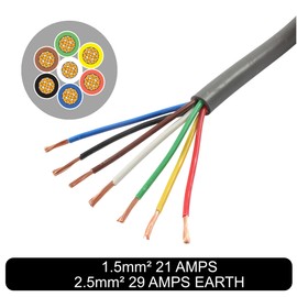 AUTOWIRING Automotive 7 Core Trailer Cable 12v 24v Thin Wall Multistrand Caravan Wire 11/16.5 AMP (1.5mm²) & 14/29 AMP (2.5mm²) Earth, 5M Coil