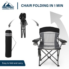 HIGH POINT SPORTS Portable Mesh Back Camping Folding Chair,Heavy Duty Fishing Lawn Chair, Padded Collapsible Outdoor Chair for Adults, Outdoor, Garden, Patio, Black