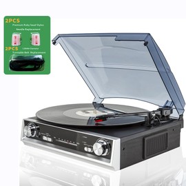Vinyl Record Player, Vinyl Records with Built-in Speakers, 3-Speed, Belt Drive Vintage Phonograph, FM Radio,3.5mm Music Output Jack, LINE Out（2P Needles + 2P Belts）