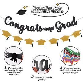 Graduation Decorations of 2025 Pre-Strung Congrats Grad Banner Blingbling Glitter Graduation Garland for High School College 2025 Grad Party Supplies (Black)