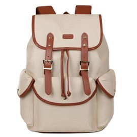 Baosha Vegan Leather Large Women Laptop Backpack Large 15.6 inch Travel Business Backpack Drawstring Backpack CN-01 (Beige)