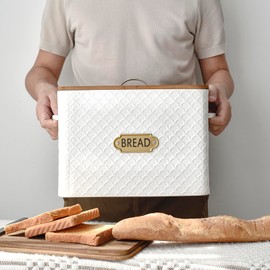 EMAX HOME Extra Large Space Saving Farmhouse Bread Box With Wood Lid - Holds 2 Loaves - Vertical Breadbox Bread Storage Bin Holder for Kitchen Countertop, White