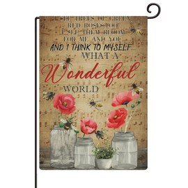Garden Flag 12x18in, Vintage Poppy What A Wonderful World Bee Welcome Flag Vertical Double Sided, Outdoor Spring Decoration Farmhouse Small Flag for Yard Lawn Home Decor 12x18in