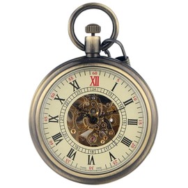 TruClothing Mechanical Skeleton Open Face Antique Pocket Watch with Chain - Bronze One Size