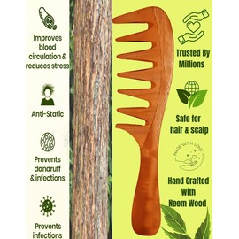 Neem Wooden Comb, Wide Tooth Detangling Comb for Women, Smooth Finish, Gentle on Scalp, For Curly Wavy Thick Hair, Handcrafted Neem Wood
