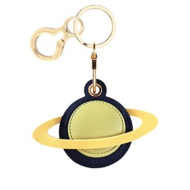 Leather Keychain Holder Case Compatible with AirTag,Cute Protective Air Tag Cover with Keyring,Anti-Scratch Finder GPS Tracker Case for Wallet Keys,Bag,Pets(Yellow Blue Planet)