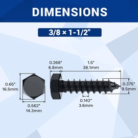 3/8 x 1-1/2" Black Hex Head Lag Screws Bolts (10 pcs), 304 Stainless Steel 18/8, Black Oxide Coated, Full Thread, Deck Screws, Heavy Duty Hex Head Wood Lag Screws, Fayeploo