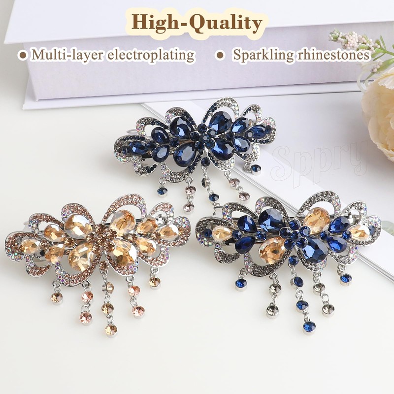 Vintage Royal Rhinestone Tassel Hair Barrette, Dark Blue
