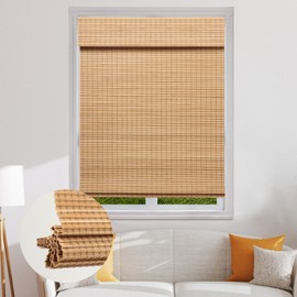 SEEYE Cordless Bamboo Roman Shades, Blackout Natural Bamboo Blinds for Indoor Windows, Roll Up Blind Privacy Shade for Home, Office, Door, UV Resistant & Easy to Install, 34" W x 64" H, Carbonized