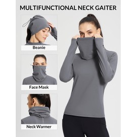 BALEAF Thermal Long Sleeve Shirts for Women Turtleneck Base Layer Underwear Top Warm Fleece Winter Clothes with Neck Gaiter Grey L