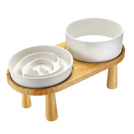 MOPANG Elevated Dog Bowls, Ceramic Slow Feeder Dog Bowl and Water Bowl Set for Medium and Large Breed, Raised Dog Bowl with Wooden Stand, 2.0 Cups Dog Slow Feeder(30oz) and 70oz Water Bowl Set, White