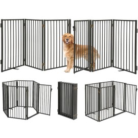 Paulmele Metal Freestanding Dog Gates with Door for Outdoor Indoor,120'' Extra Wide 32'' Tall Free Standing Dog Gate for Doorways,Large Openings,Deck,Yard,Porch,Foldable Pet Fence(Black,6 Panels)