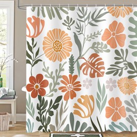 JAZEAOI Cute Boho Floral Shower Curtain, Mid Century Modern Abstract Green Orange Plant Funky Aesthetic Bathroom Decor, Waterproof Polyester Fabric Bath Curtain with Hooks 72x72 Inch