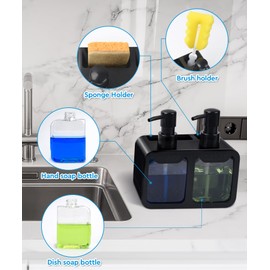Richenda 4-in-1 Soap Dispenser with Sponge Holder – Kitchen Sink Soap Pump for Dishwashing, Compact Dish Soap Dispenser for Kitchen or Bathroom Countertop, Refillable Liquid Soap Pump (Black)
