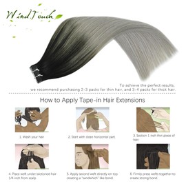 Windtouch Tape in Hair Extensions Human Hair Extensions #1btGray Ombre Natral Black To Silver Gray Double Sided Tape Skin Weft 10A Hair Extensions 50g 20Inch 20PCS Per pack