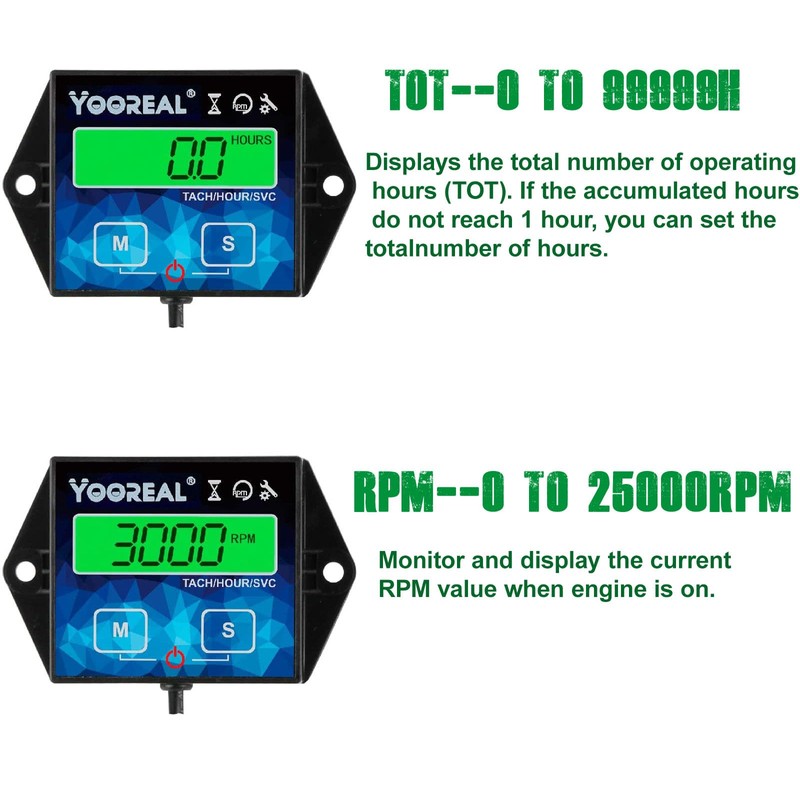 Yooreal Digital Backlight Tachometer Hour Meter,Resettable Hours,Replaceable Battery Engine for
