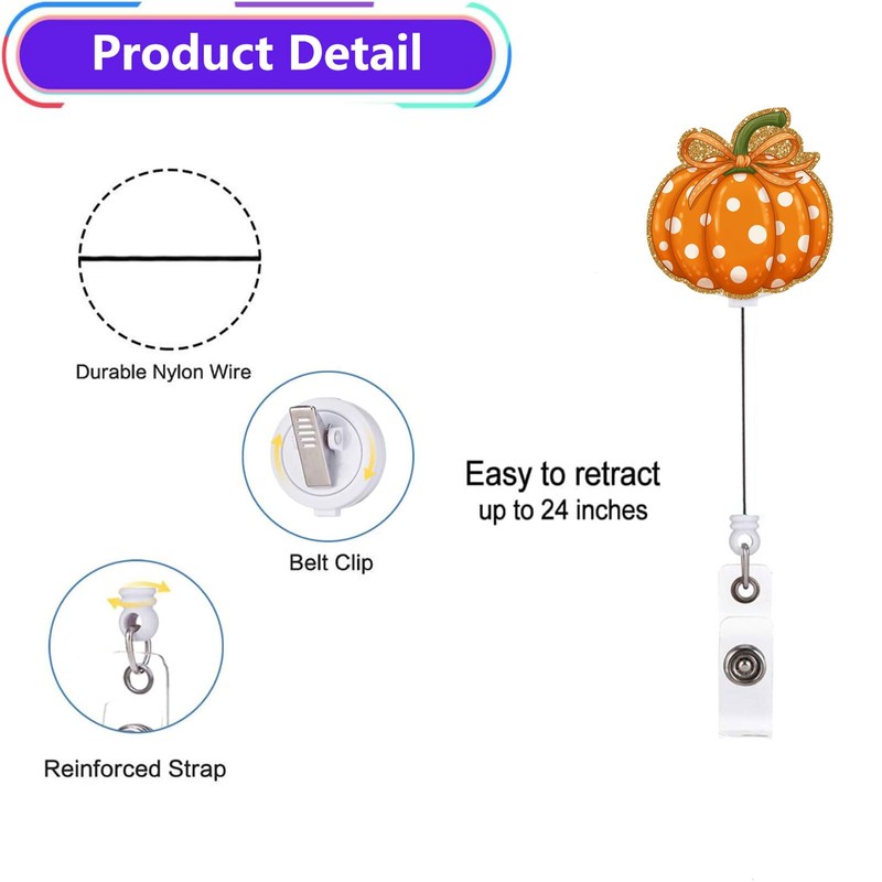 Halloween Badge Reel Retractable Cute Fall Pumpkin Polka Dots Acrylic