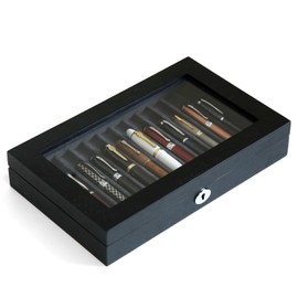 Bonaking Wood Pen Display Case 12 Pens, Fountain Pen Display Box, Lockable Pen Storage Box with Glass and High-End Hardware, Pen Box Organizer, Pen Collection Display Case (Black with Gray Velvet)